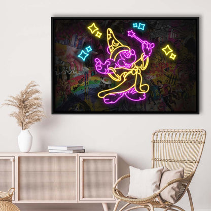 Mickey Magical Neon Signs Art Print, Framed Canvas Print Wall Art Decor, Floating Frame, Neon Effect Art
