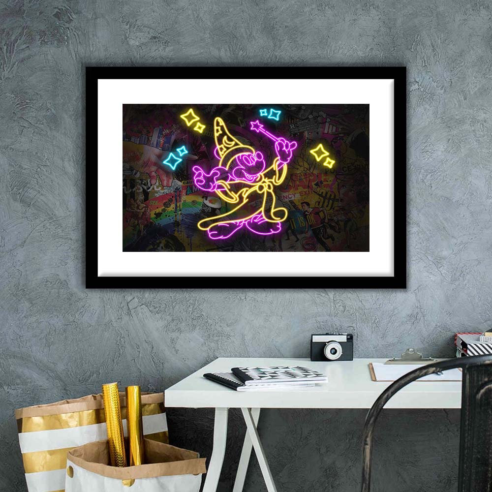 Mickey Magical Neon Signs Art Print, Framed Art Print Wall Decor, White Border, Framed Picture