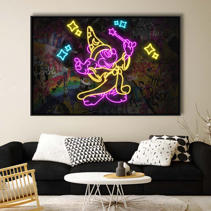 Mickey Magical Neon Signs Art Print, Framed Canvas Print Wall Art Decor, Floating Frame, Neon Effect Art