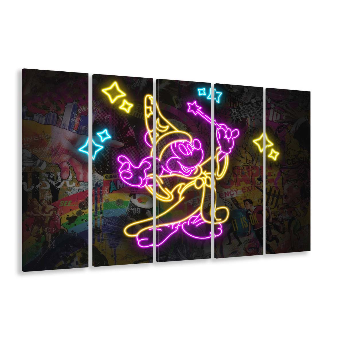 Mickey Magical Neon Signs Art Print, Extra Large 5 Panels Multi Canvas Print Wall Art, Home Decor