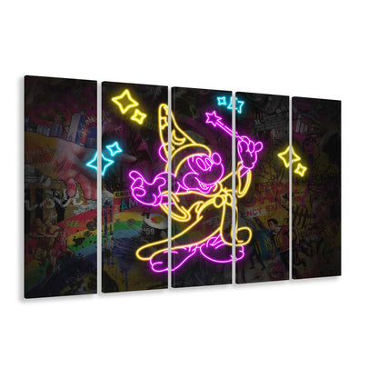 Mickey Magical Neon Signs Art Print, Extra Large 5 Panels Multi Canvas Print Wall Art, Home Decor