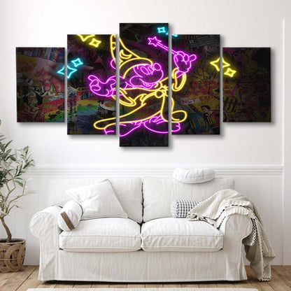Mickey Magical Neon Signs Art Print, 5 Panel Mixed Canvas Print Wall Art, Home Decor, Neon Canvas