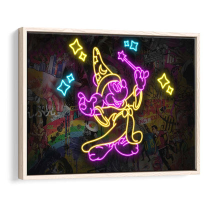 Mickey Magical Neon Signs Art Print, Framed Canvas Print Wall Art Decor, Floating Frame, Neon Effect Art