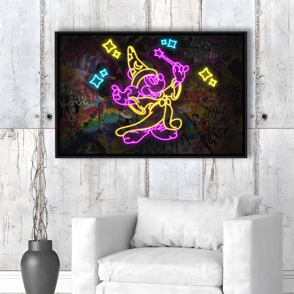 Mickey Magical Neon Signs Art Print, Framed Canvas Print Wall Art Decor, Floating Frame, Neon Effect Art