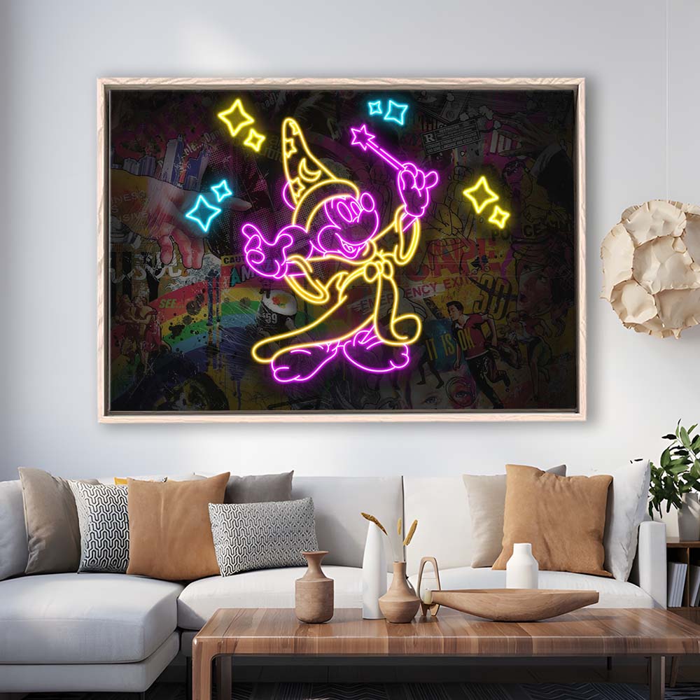 Mickey Magical Neon Signs Art Print, Framed Canvas Print Wall Art Decor, Floating Frame, Neon Effect Art