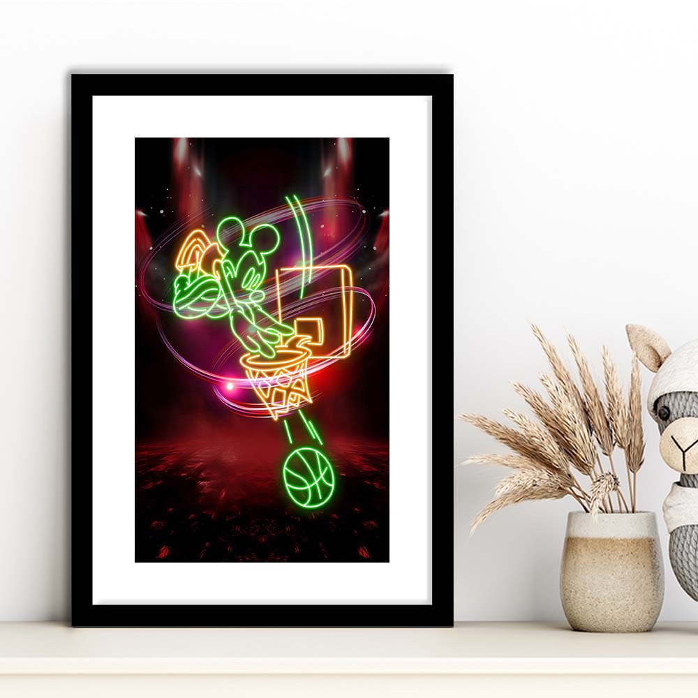 Mickey Mouse Basketball, Framed Art Print, Luxury Pictures Framed, White Border