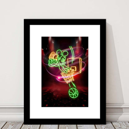 Mickey Mouse Basketball, Framed Art Print, Luxury Pictures Framed, White Border