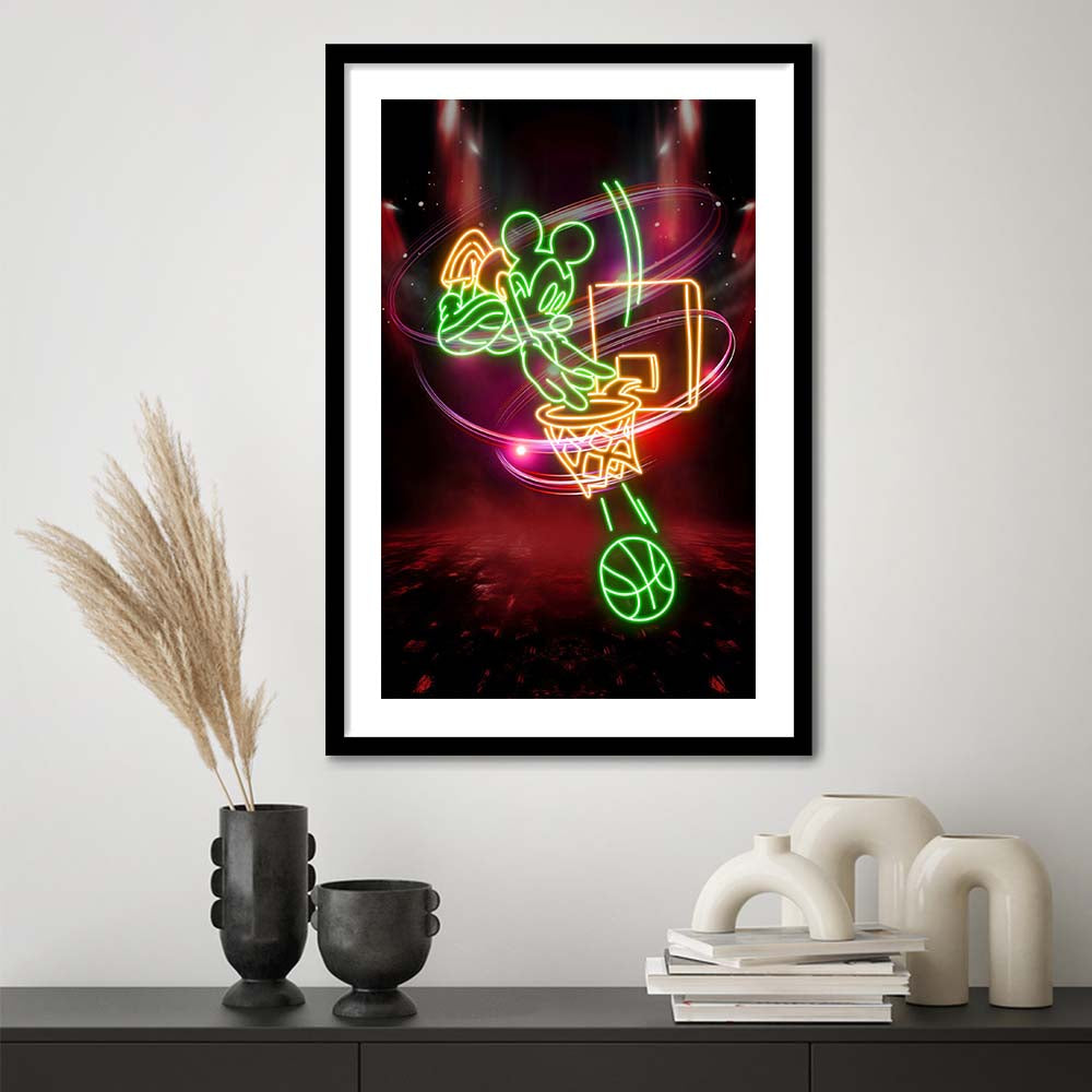 Mickey Mouse Basketball, Framed Art Print, Luxury Pictures Framed, White Border