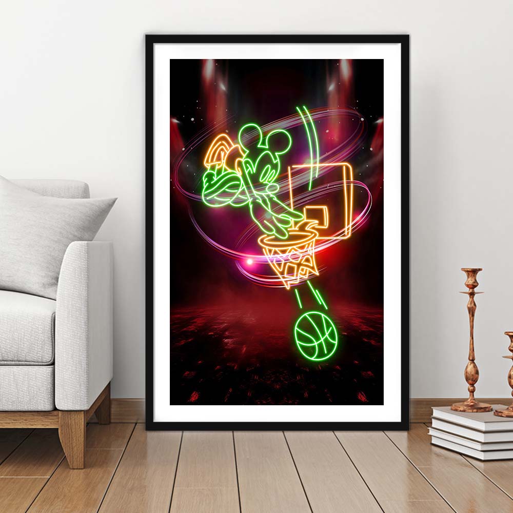 Mickey Mouse Basketball, Framed Art Print, Luxury Pictures Framed, White Border