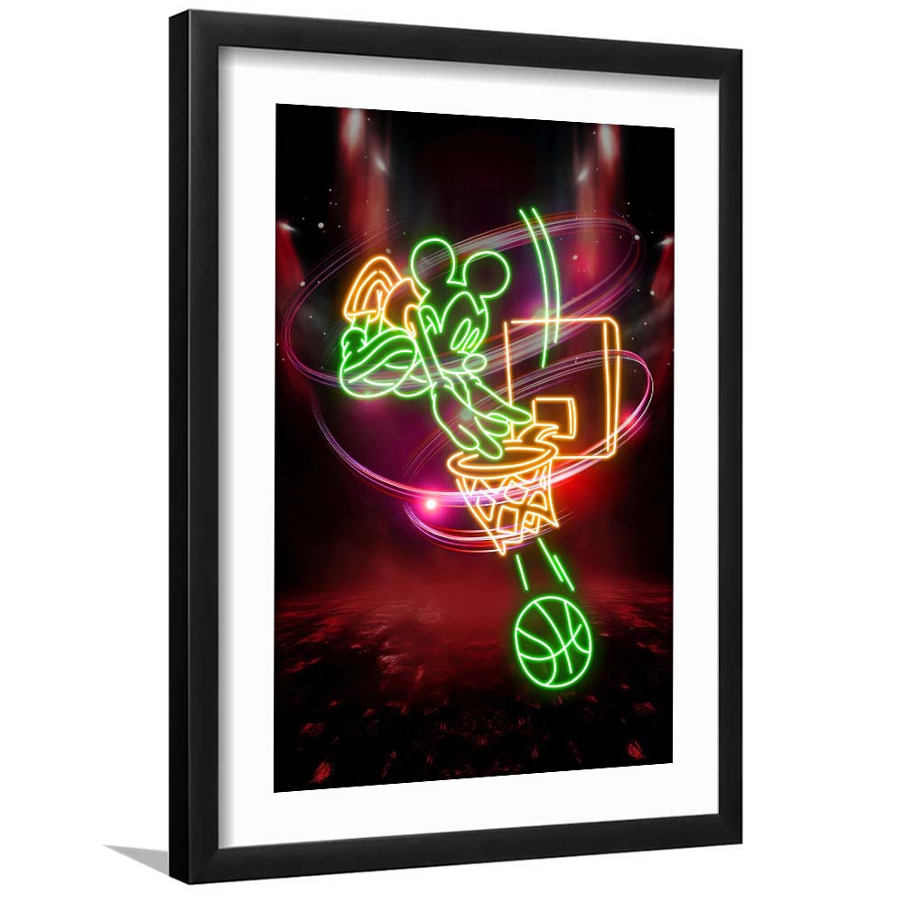 Mickey Mouse Basketball, Framed Art Print, Luxury Pictures Framed, White Border