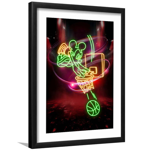 Mickey Mouse Basketball, Framed Art Print, Luxury Pictures Framed, White Border