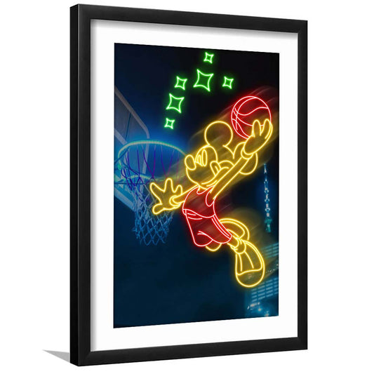 Mickey Mouse Basketball Sport, Framed Art Print, Luxury Pictures Framed, White Border