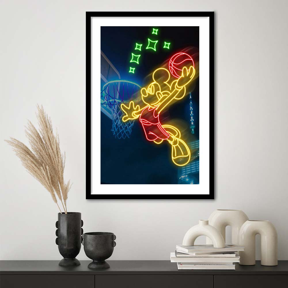 Mickey Mouse Basketball Sport, Framed Art Print, Luxury Pictures Framed, White Border