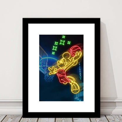 Mickey Mouse Basketball Sport, Framed Art Print, Luxury Pictures Framed, White Border