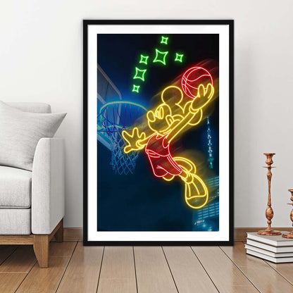 Mickey Mouse Basketball Sport, Framed Art Print, Luxury Pictures Framed, White Border