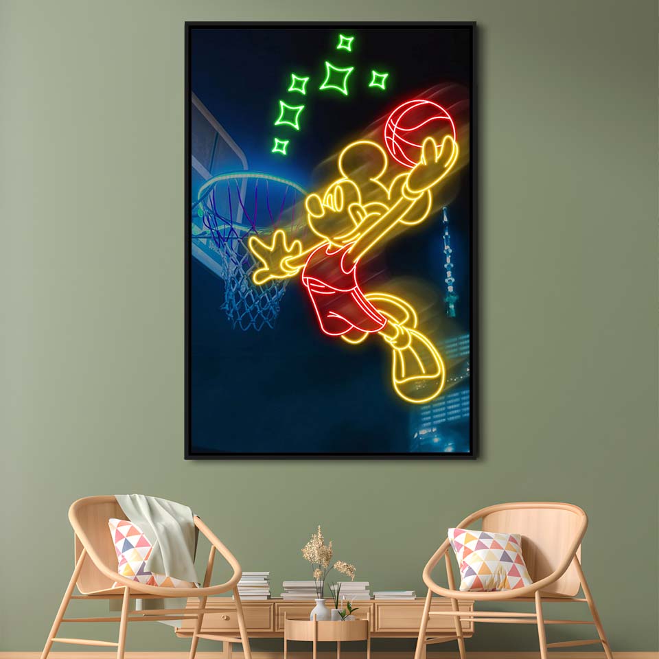 Mickey Mouse Basketball Sport, Framed Canvas Print, Floating Frame, Luxury Wall Art Decor