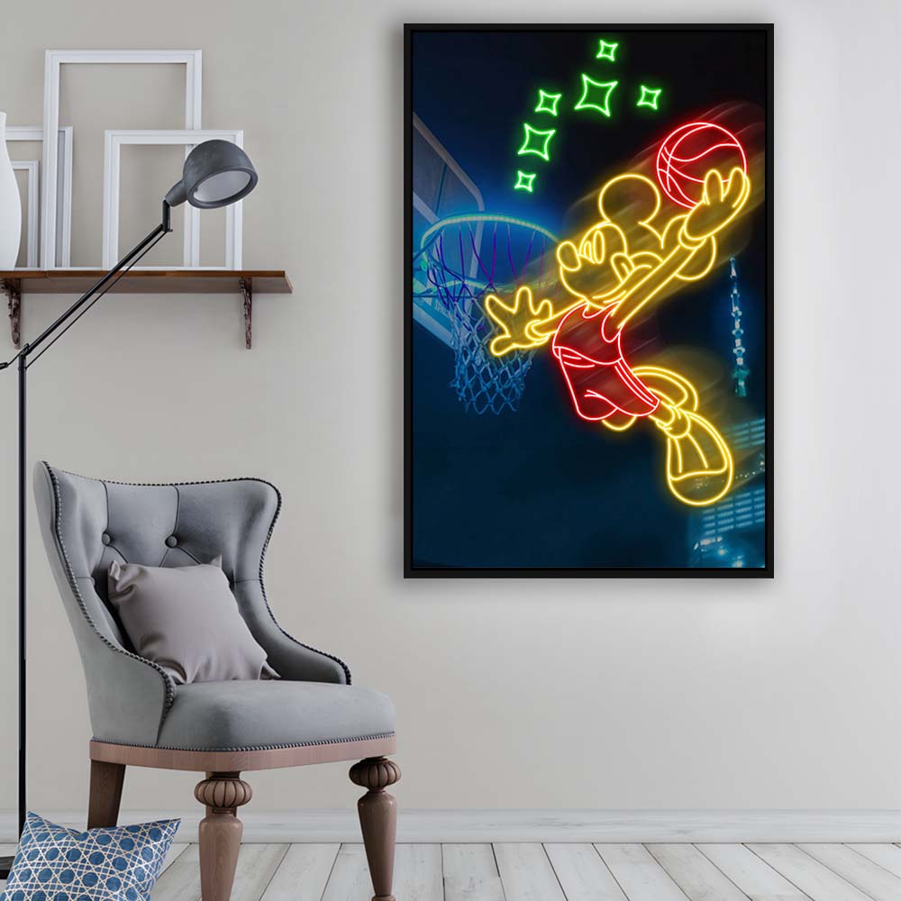 Mickey Mouse Basketball Sport, Framed Canvas Print, Floating Frame, Luxury Wall Art Decor