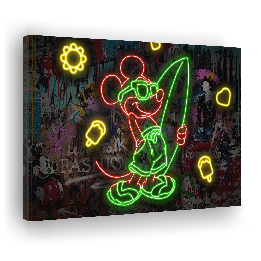 Mickey Mouse Surfing Art Print, Canvas Print Wall Art, Wall Decor, Neon Effect Art