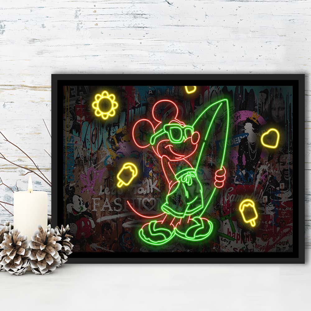 Mickey Mouse Surfing Art Print, Framed Canvas Print Wall Art Decor, Floating Frame, Neon Effect Art