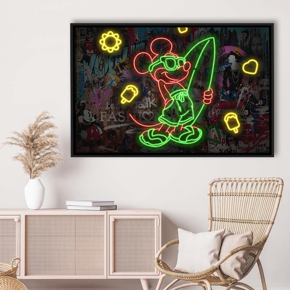 Mickey Mouse Surfing Art Print, Framed Canvas Print Wall Art Decor, Floating Frame, Neon Effect Art