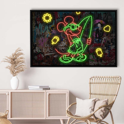 Mickey Mouse Surfing Art Print, Framed Canvas Print Wall Art Decor, Floating Frame, Neon Effect Art
