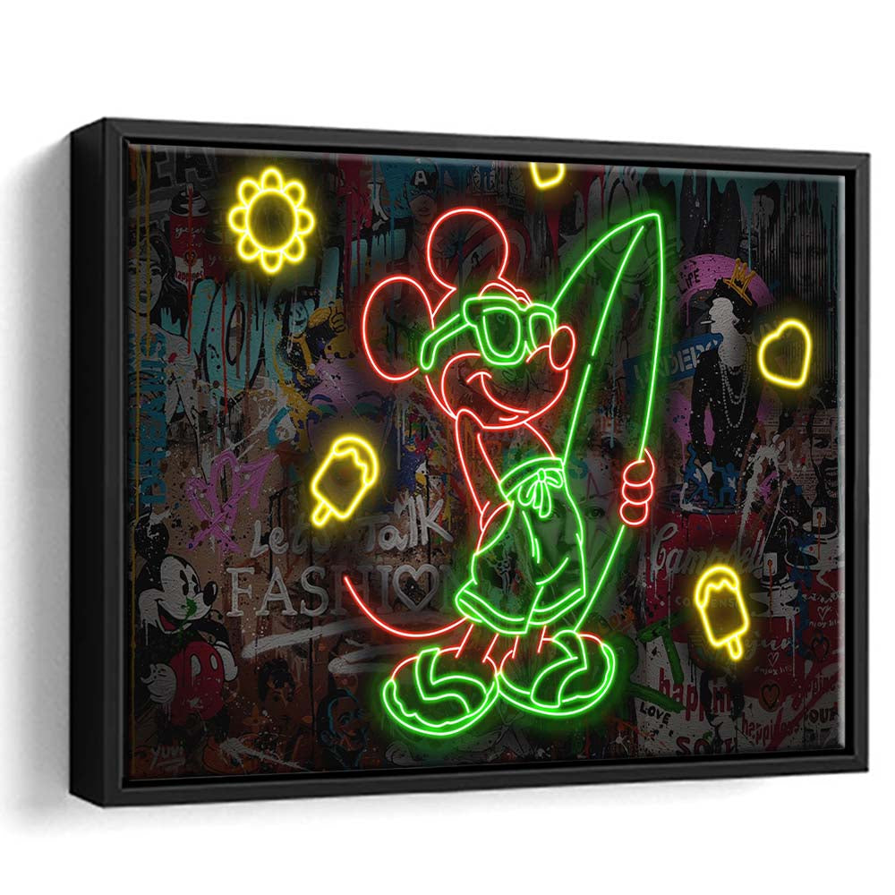 Mickey Mouse Surfing Art Print, Framed Canvas Print Wall Art Decor, Floating Frame, Neon Effect Art