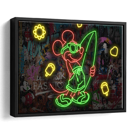 Mickey Mouse Surfing Art Print, Framed Canvas Print Wall Art Decor, Floating Frame, Neon Effect Art