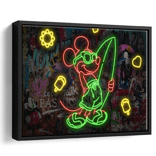 Mickey Mouse Surfing Art Print, Framed Canvas Print Wall Art Decor, Floating Frame, Neon Effect Art