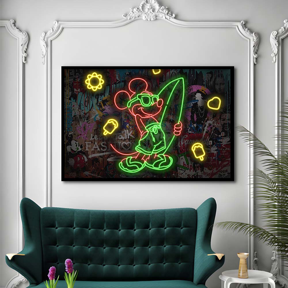 Mickey Mouse Surfing Art Print, Framed Art Print Wall Decor, Neon Art Print, Picture Framed