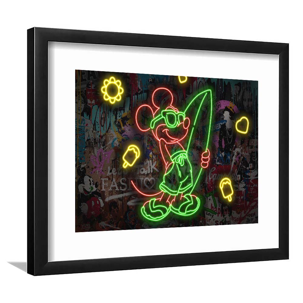 Mickey Mouse Surfing Art Print, Framed Art Print Wall Decor, White Border, Framed Picture