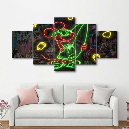 Mickey Mouse Surfing Art Print, 5 Panel Mixed Canvas Print Wall Art, Home Decor, Neon Canvas