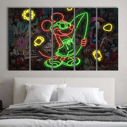Mickey Mouse Surfing Art Print, Extra Large 5 Panels Multi Canvas Print Wall Art, Home Decor