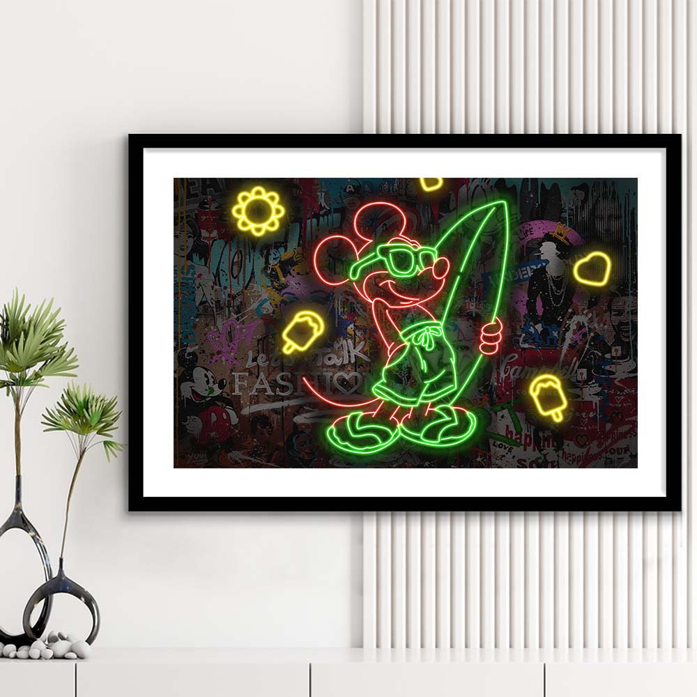 Mickey Mouse Surfing Art Print, Framed Art Print Wall Decor, White Border, Framed Picture