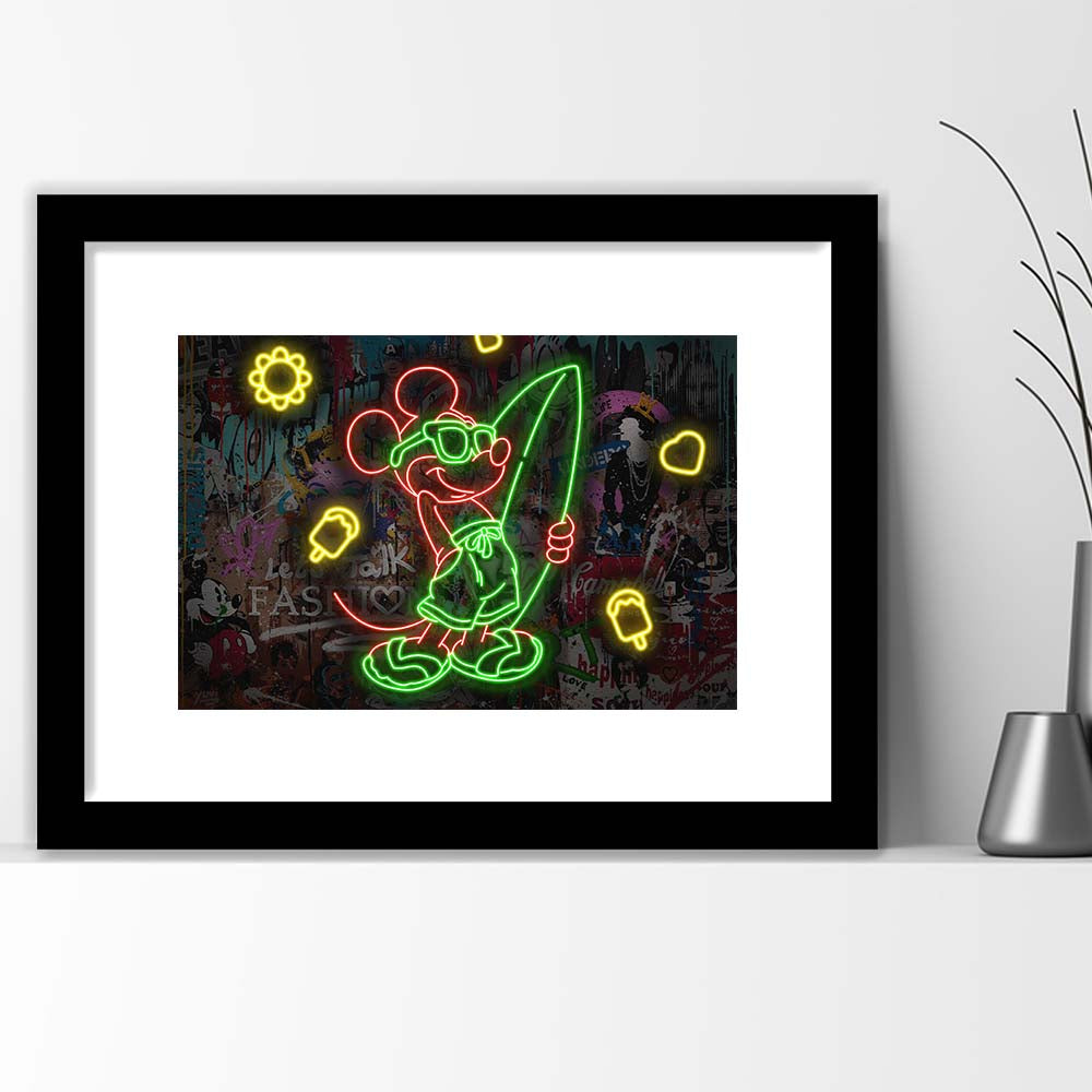 Mickey Mouse Surfing Art Print, Framed Art Print Wall Decor, White Border, Framed Picture
