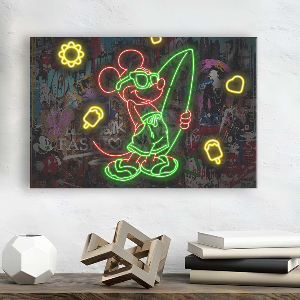 Mickey Mouse Surfing Art Print, Canvas Print Wall Art, Wall Decor, Neon Effect Art