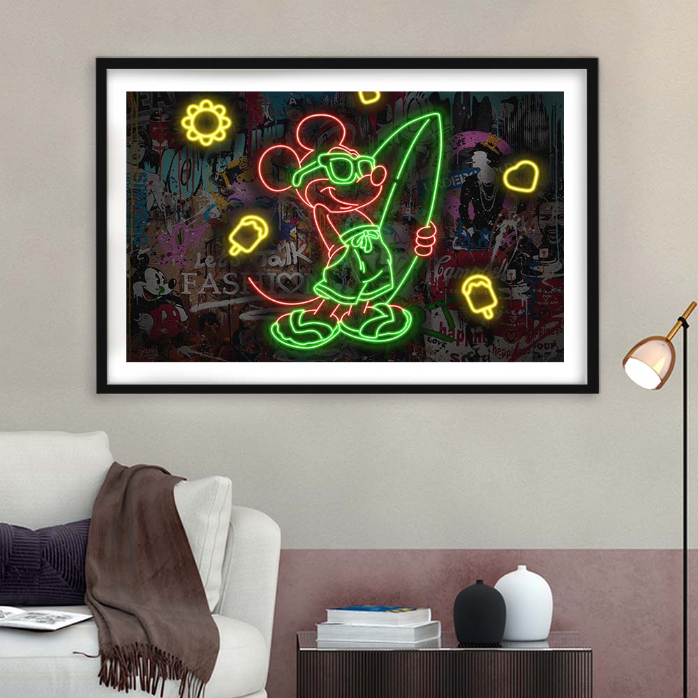 Mickey Mouse Surfing Art Print, Framed Art Print Wall Decor, White Border, Framed Picture