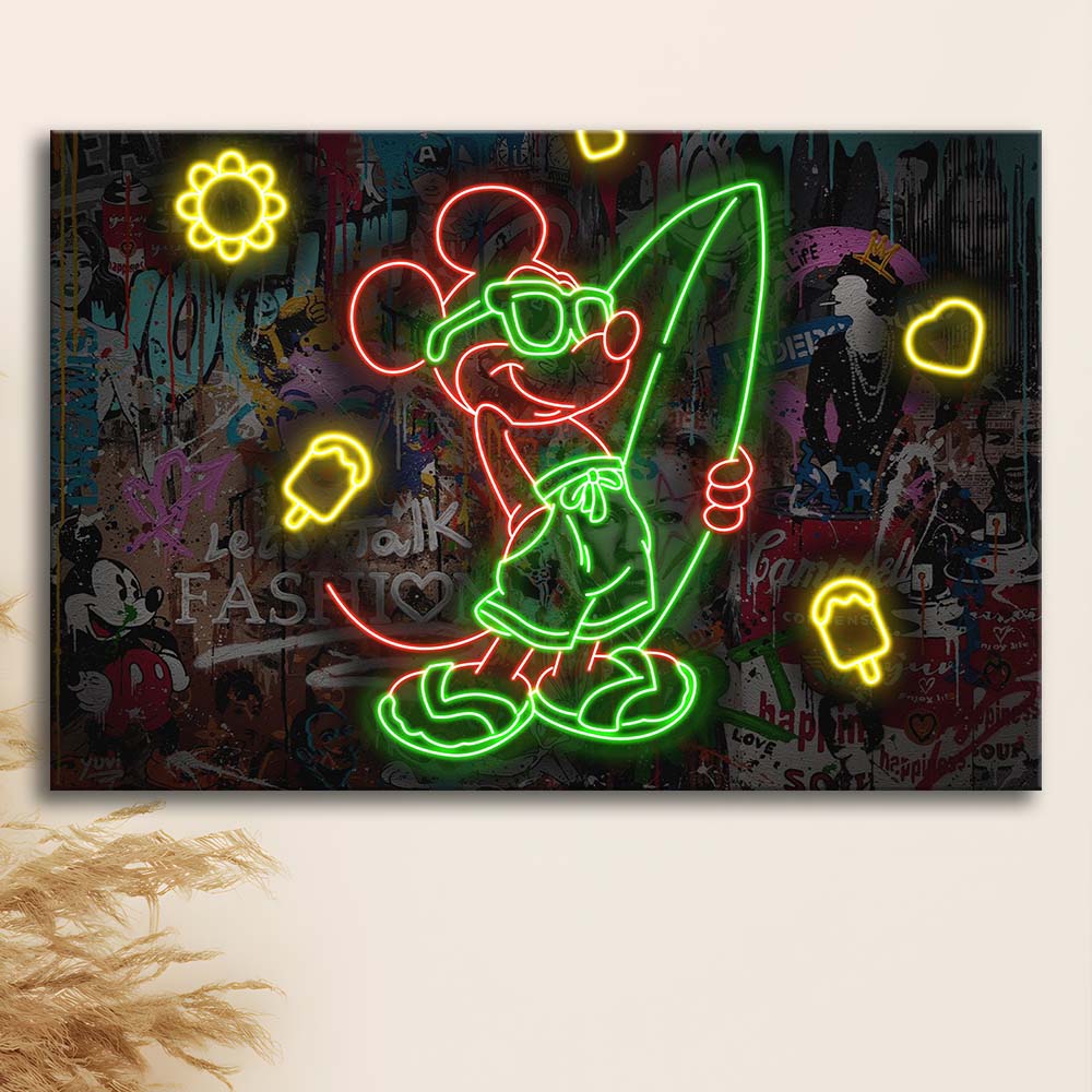 Mickey Mouse Surfing Art Print, Canvas Print Wall Art, Wall Decor, Neon Effect Art