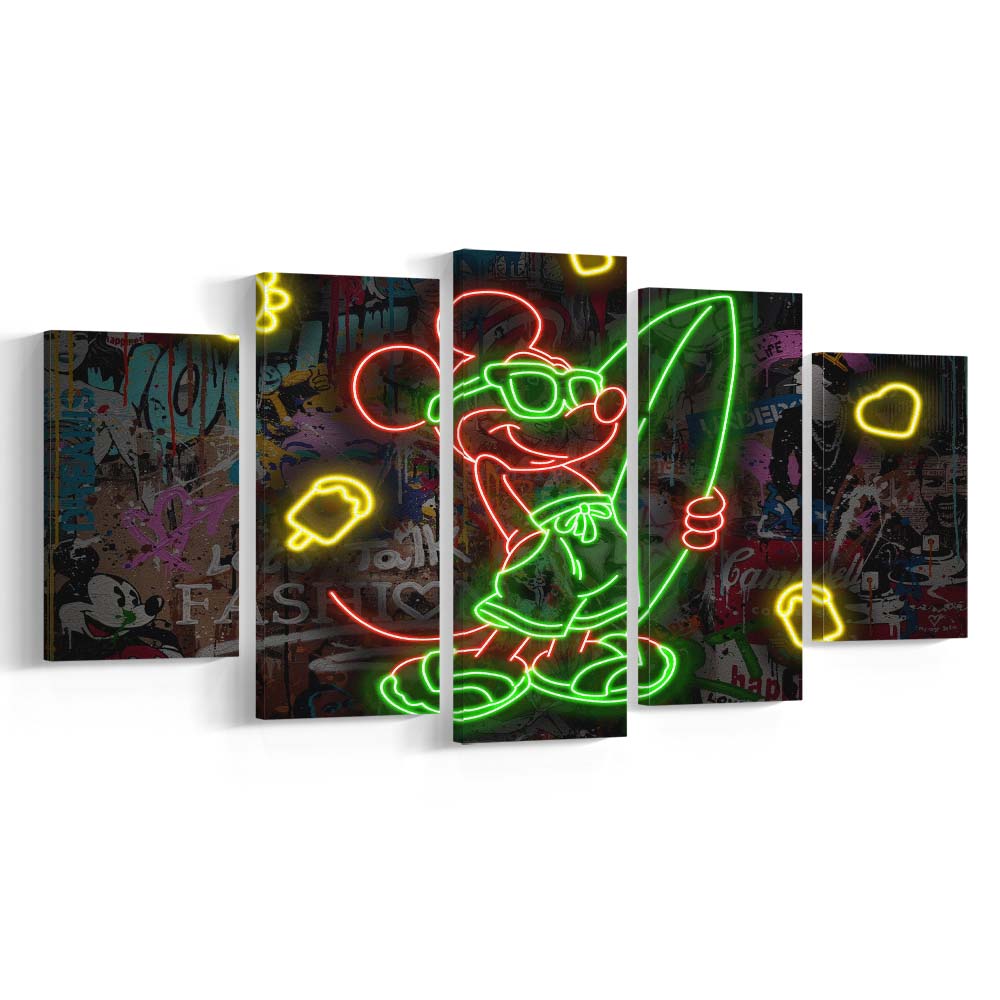 Mickey Mouse Surfing Art Print, 5 Panel Mixed Canvas Print Wall Art, Home Decor, Neon Canvas