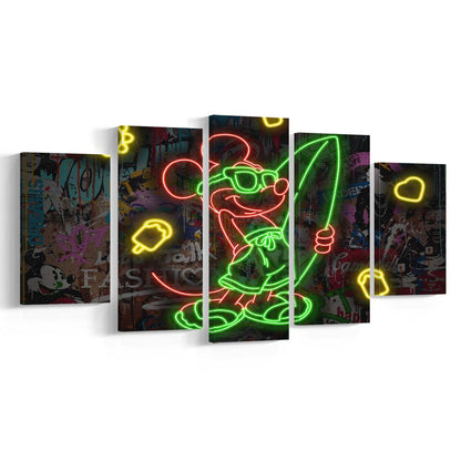 Mickey Mouse Surfing Art Print, 5 Panel Mixed Canvas Print Wall Art, Home Decor, Neon Canvas