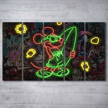 Mickey Mouse Surfing Art Print, Extra Large 5 Panels Multi Canvas Print Wall Art, Home Decor