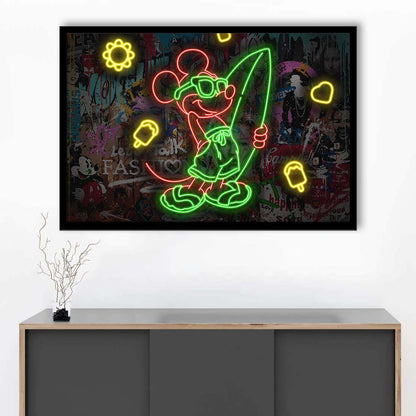 Mickey Mouse Surfing Art Print, Framed Art Print Wall Decor, Neon Art Print, Picture Framed