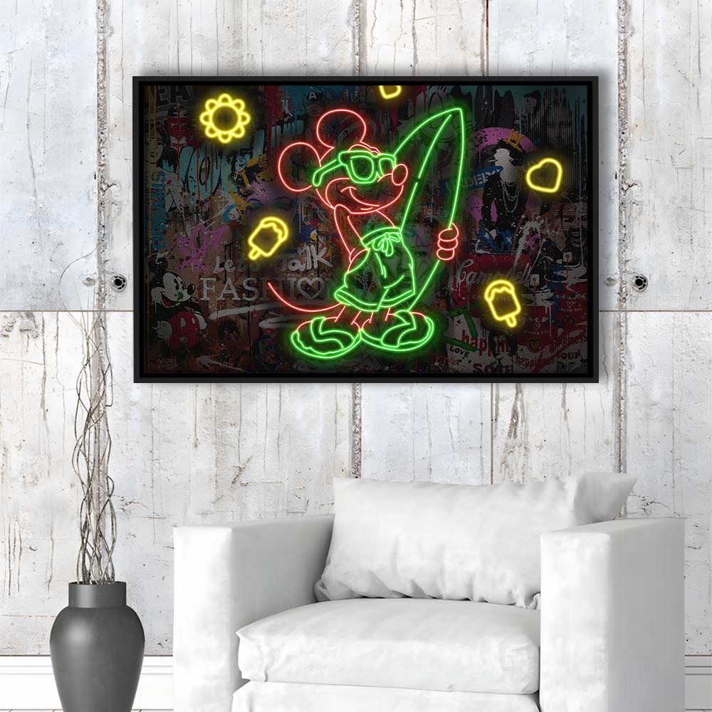 Mickey Mouse Surfing Art Print, Framed Canvas Print Wall Art Decor, Floating Frame, Neon Effect Art