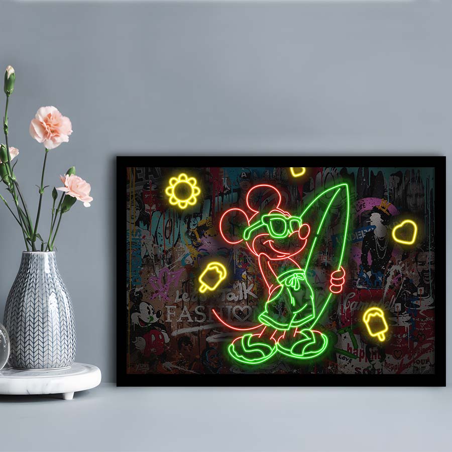 Mickey Mouse Surfing Art Print, Framed Art Print Wall Decor, Neon Art Print, Picture Framed