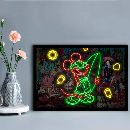 Mickey Mouse Surfing Art Print, Framed Art Print Wall Decor, Neon Art Print, Picture Framed