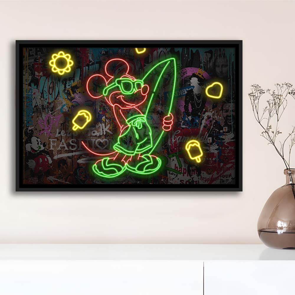 Mickey Mouse Surfing Art Print, Framed Canvas Print Wall Art Decor, Floating Frame, Neon Effect Art
