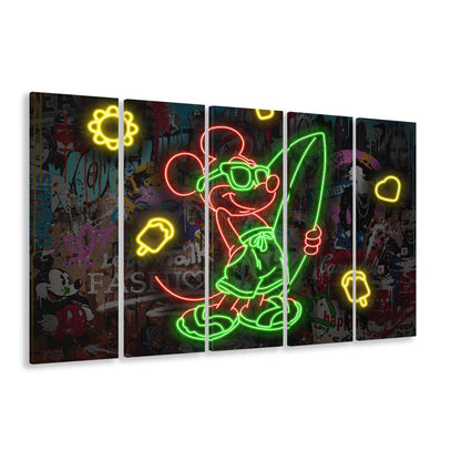 Mickey Mouse Surfing Art Print, Extra Large 5 Panels Multi Canvas Print Wall Art, Home Decor