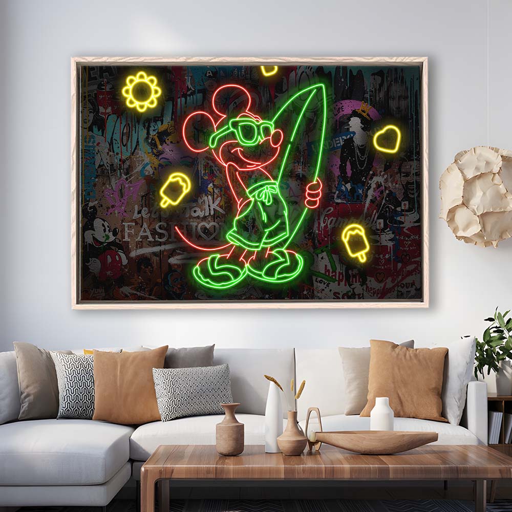Mickey Mouse Surfing Art Print, Framed Canvas Print Wall Art Decor, Floating Frame, Neon Effect Art