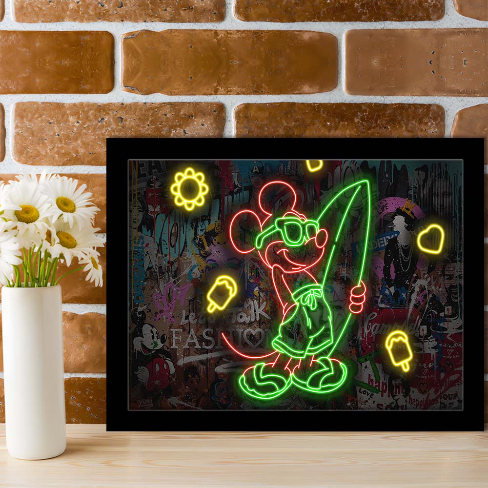 Mickey Mouse Surfing Art Print, Framed Art Print Wall Decor, Neon Art Print, Picture Framed