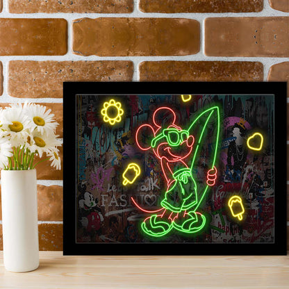 Mickey Mouse Surfing Art Print, Framed Art Print Wall Decor, Neon Art Print, Picture Framed