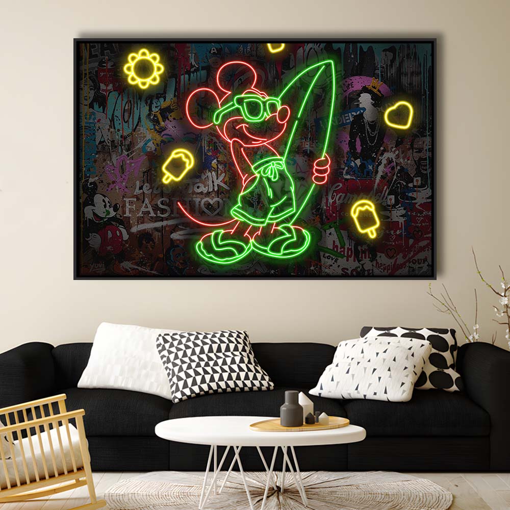 Mickey Mouse Surfing Art Print, Framed Canvas Print Wall Art Decor, Floating Frame, Neon Effect Art